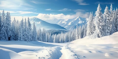 In winter, the snowy white landscape provides a stunning backdrop for outdoor sports mountains, where the sky meets the towering trees of the forest, creating a breathtaking nature, Generative AI