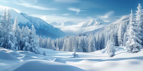 In winter, the snowy white landscape provides a stunning backdrop for outdoor sports mountains, where the sky meets the towering trees of the forest, creating a breathtaking nature, Generative AI - obrazy, fototapety, plakaty