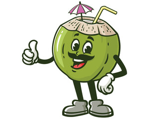 Coconut with mustache cartoon mascot illustration character vector clip art hand drawn