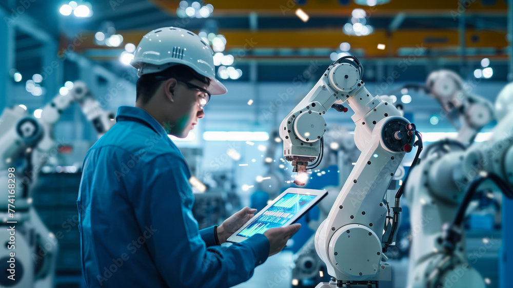 Poster engineer in safety gear programming advanced industrial robot with tablet in a high-tech manufacturi