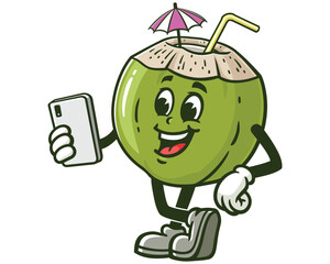 Coconut holding gadget cartoon mascot illustration character vector clip art hand drawn