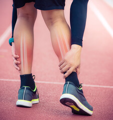 Calf leg pain, Male runner holding sore and painful muscle,Anatomy concept - 774168425