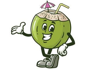smiling Coconut cartoon mascot illustration character vector clip art hand drawn
