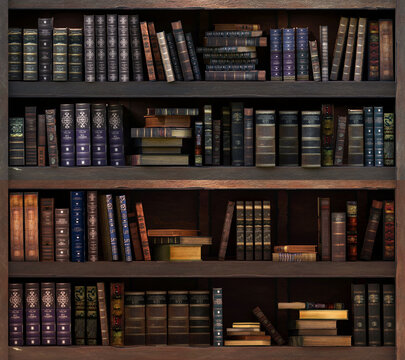 Library shelves with stack of old books. 3D render illustration.