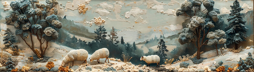 Wooly sheep grazing, illustrated with fluffy, tactile textures, bringing the scene to life.
