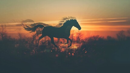 Running horse silhouette, wild prairie landscape inside, double exposure, warm sunset hues, freedom theme - obrazy, fototapety, plakaty