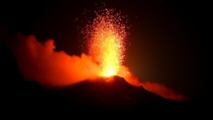 Fototapeta na wymiar Eruption of the Stromboli Volcano in the Eolian Islands next to Sicily.