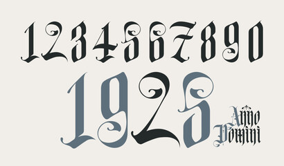 Arabic numerals from 0 to 9 from a Gothic style font. Latin phrase From the Nativity of Christ. - 774169403