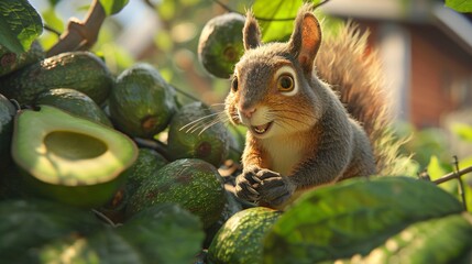 The Great Avocado Heist  Mischievous Squirrels Plotting in a Suburban Backyard - obrazy, fototapety, plakaty