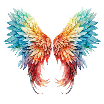 Watercolor angels wing Bright colors wings colorful illustration. Feather wings art tribal element