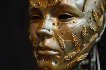 A mechanical face adorned with wheat motifs super realistic
