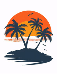 Sunset at the beach with palms trees silhouette. Vintage vector style.
