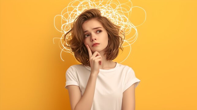 Thoughtful young woman with animated light scribbles around head. Creative idea concept on yellow background. Casual style portrait. AI