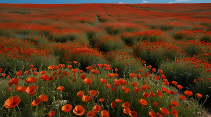 Wonderful landscape during sunrise. Blooming red poppies on field against the sun, blue sky. Wild flowers in springtime.generative.ai