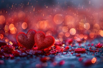 Romantic scene with two wet hearts surrounded by red glitter in a bokeh background suggesting a rainy ambiance