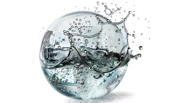Crystal clear glass sphere surrounded by dynamic water splashes against a white background, perfect for modern design elements. AI