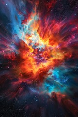 Obraz na płótnie Canvas Nebula explosion, vibrant colors, wide angle, cosmic event, deep space, mesmerizing chaos , high detailed , graphic design