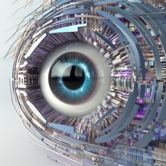 The Binary alphabet intricately woven into a surrealistic representation of an eye enhanced by futuristic digital effects