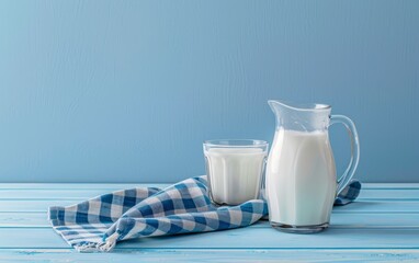 A classic setup featuring a glass of milk and a pitcher, elegantly arranged on a blue wooden table with a checkered cloth.