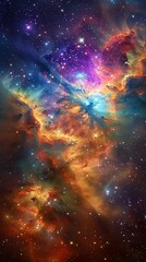Starry deep space, nebula colors, wide angle, high contrast, cosmic grandeur , high detailed , graphic design
