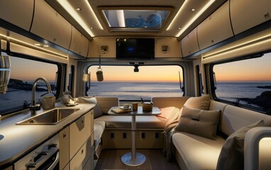 The sleek kitchenette of an RV pairs perfectly with the stunning ocean sunset outside, blending functionality with a breathtaking view.