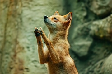 Naklejka premium A striking image of a fox standing upright with its paws raised, resembling a human waving or pleading, against a blurred natural background