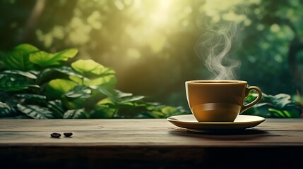 cup of coffee on table. nature in the background.  - obrazy, fototapety, plakaty