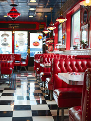 Elegance meets nostalgia in this classic red diner interior, a charming space for dining and reflection on American culture.