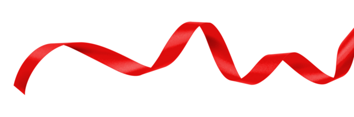 Red satin bow ribbon scroll png isolated on transparent background for Christmas holiday and wedding anniversary card confetti design decoration