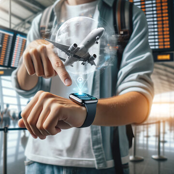 Tourist Checking Flight Schedule on Smart Watch at Airport