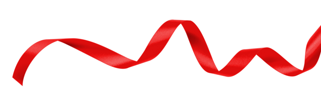 Red satin bow ribbon scroll png isolated on transparent background for Christmas holiday and wedding anniversary card confetti design decoration
