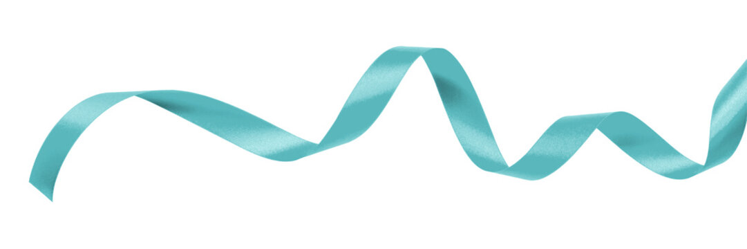 Teal green blue satin ribbon bow curly scroll png isolated on transparent background with clipping path for holiday and wedding card confetti design decoration
