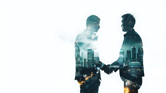 Digital composite image of business handshake blending with cityscape. Networking professionals in a modern urban setting. Corporate deal concept visualization. AI