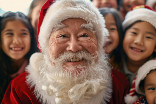 A close-up photo of Santa Claus surrounded by happy children's faces