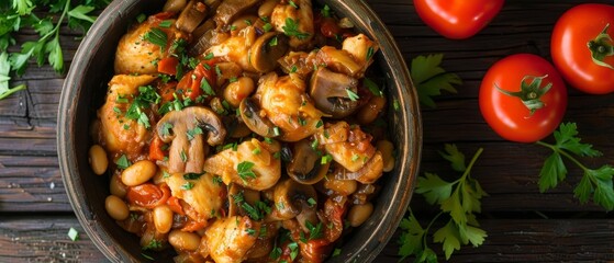 A rich and hearty stewed chicken casserole with mushrooms and white beans, garnished with parsley, presented in a rustic earthenware dish.