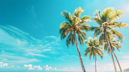 Fototapeta na wymiar Palm trees and the bright blue sky as the background
