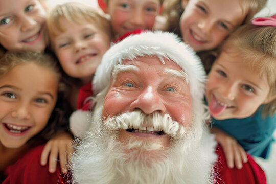 A close-up photo of Santa Claus surrounded by happy children's faces