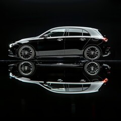 Sleek black hatchback car with sporty design reflected on a polished dark floor