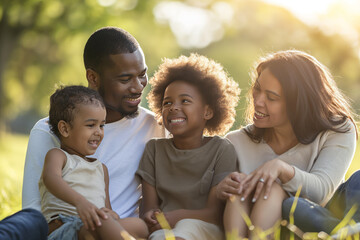 Happy multiethnic african american, black family posing to a picture together, outdoors in the park. Smiling multi culture family mother, father and their children. 