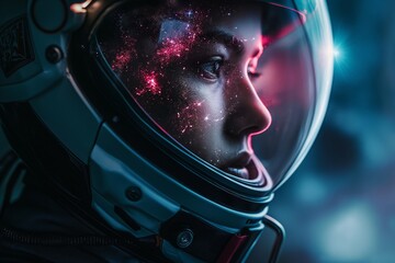 Close-up of an astronaut's face in a helmet, with a vivid galaxy reflected in the visor. - obrazy, fototapety, plakaty