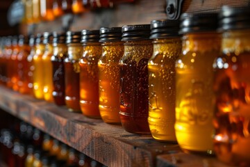 Close-up of sparkling honey jars in ambient lighting that highlight the texture and golden hues of...