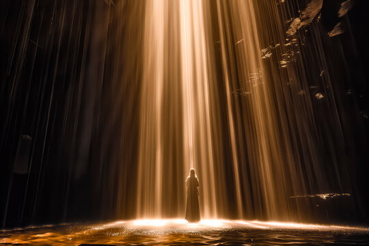 You shall have no other gods before Me. The First Commandment. A beam of light falls to the ground, illuminating the path of a person