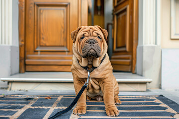 A Shar Pei dog sits on a taut leash, looking into the frame at its owner. The dog is asking to go for a walk. The dog eagerly anticipates a stroll with its owner.