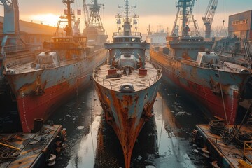 A mesmerizing sunrise bathing an array of docked ships in a serene, golden light