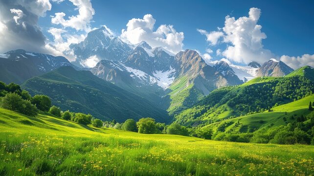 Fantastic mountain scenery on a warm summer day depicting an alpine green meadow. Generative AI