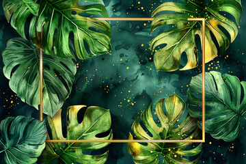 Leaf mockup background with gold frame