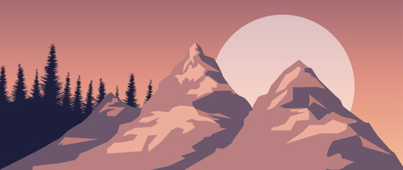 Vector illustration. Wonderful mountainous nature. Travel concepts. Beautiful view of mountains and forests. Perfect picture for your screensaver, cover, card and more. - obrazy, fototapety, plakaty