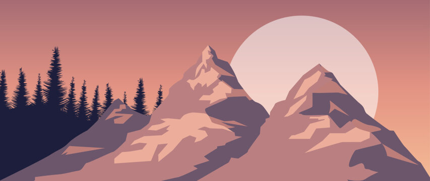 Vector illustration. Wonderful mountainous nature. Travel concepts. Beautiful view of mountains and forests. Perfect picture for your screensaver, cover, card and more.
