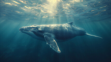 Giant whale diving in the ocean, whale swimming in the sea - obrazy, fototapety, plakaty