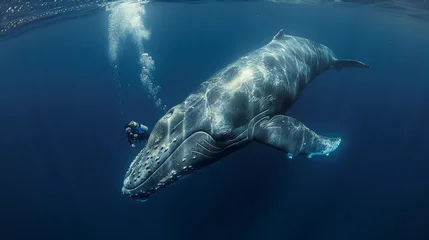 Foto op Plexiglas giant whale and diver under the sea with a diver, a scene of a diver swimming with a whale in the ocean. © AI Vision Studio